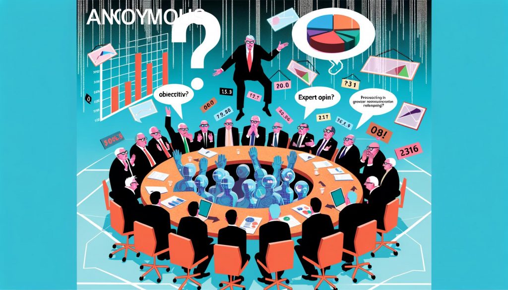 Satirisches Magazin-Titelbild: Politiker und Experten am runden Tisch, hektisch mit Daten und widersprüchlichen Schlagwörtern, algorithmischen Mustern und Social-Media-Symbolen, Editorial-Illustration.
