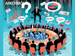 Satirisches Magazin-Titelbild: Politiker und Experten am runden Tisch, hektisch mit Daten und widersprüchlichen Schlagwörtern, algorithmischen Mustern und Social-Media-Symbolen, Editorial-Illustration.