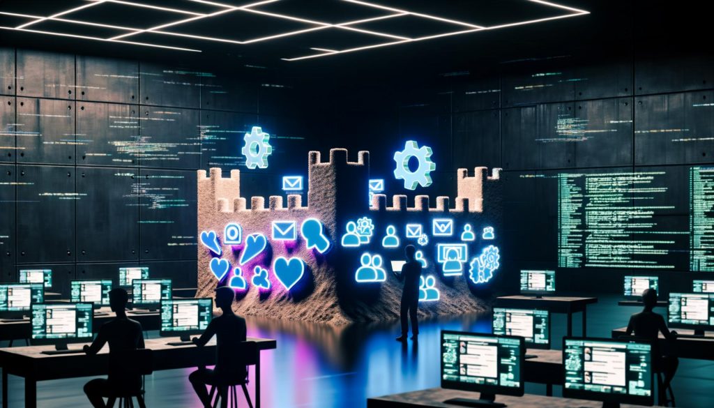 Maschinenraum mit Neonlicht, Monitoren, digitalen Zahnrädern, Menschen an Laptops und einer Sandburg aus Social-Media-Icons, im Hintergrund Social-Media-Symbole.