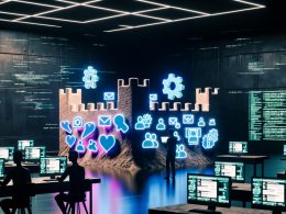 Maschinenraum mit Neonlicht, Monitoren, digitalen Zahnrädern, Menschen an Laptops und einer Sandburg aus Social-Media-Icons, im Hintergrund Social-Media-Symbole.