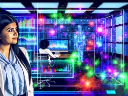 Ein Marketer steht nachdenklich vor einem transparenten Display, das digitale Hologramme, Datenströme, Heatmaps und Nutzerreaktionen durch künstliche Intelligenz visualisiert.