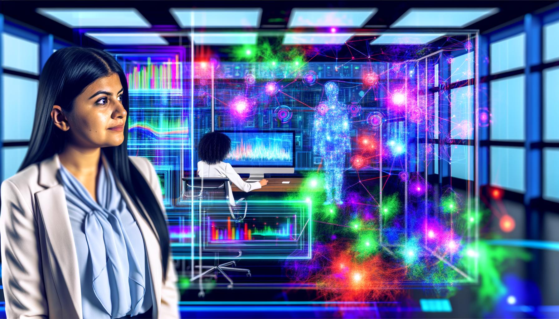 Ein Marketer steht nachdenklich vor einem transparenten Display, das digitale Hologramme, Datenströme, Heatmaps und Nutzerreaktionen durch künstliche Intelligenz visualisiert.