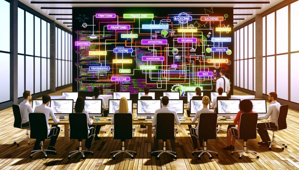 Team aus Entwicklern und SEO-Experten arbeitet konzentriert an einem digitalen Whiteboard mit Flowcharts, umgeben von Laptops mit Code und Analyse-Tools in einem modernen Büro.
