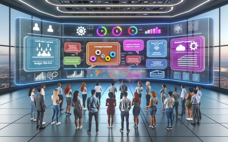 Marketingteam betrachtet digitales Dashboard mit personalisierten Inhalten, Datenströmen und Automatisierungs-Symbolen in modernem Büro.