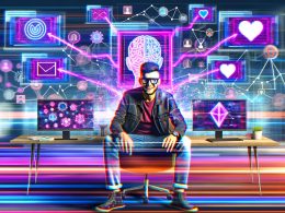 Junger Marketing-Experte mit mehreren Monitoren, animierte Social-Media-Feeds, Trendkurven und leuchtendem Framework-Diagramm, technoide Farben und digitale Netzwerk-Icons.