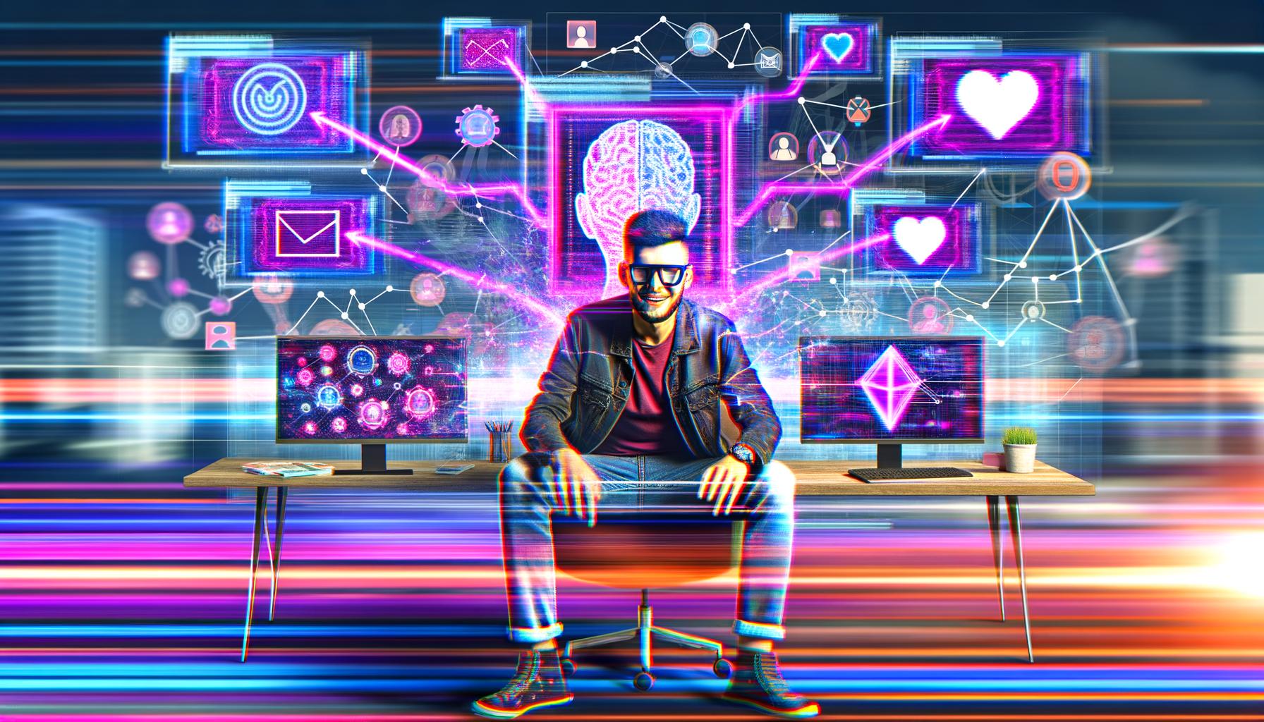 Junger Marketing-Experte mit mehreren Monitoren, animierte Social-Media-Feeds, Trendkurven und leuchtendem Framework-Diagramm, technoide Farben und digitale Netzwerk-Icons.