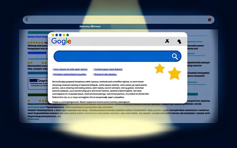 Moderne, grafische Illustration einer Google-Ergebnisseite mit Fokus auf einen hervorgehobenen Snippet, ergänzt durch Icons für Sternebewertungen, Preise und FAQs im digitalen Farbschema.