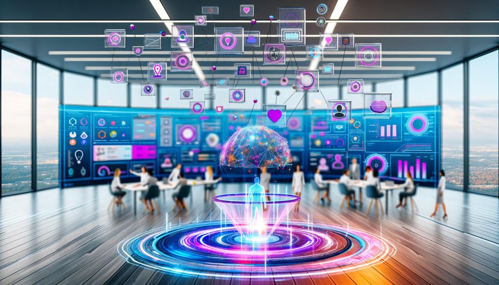 Ultramodernes Marketingbüro mit holografischem Interface, dynamischen Dashboards und leuchtendem KI-Netzwerk, das Nutzerverhalten visualisiert.