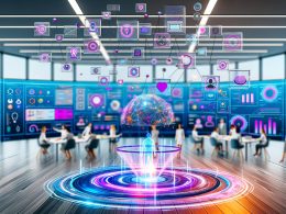 Ultramodernes Marketingbüro mit holografischem Interface, dynamischen Dashboards und leuchtendem KI-Netzwerk, das Nutzerverhalten visualisiert.