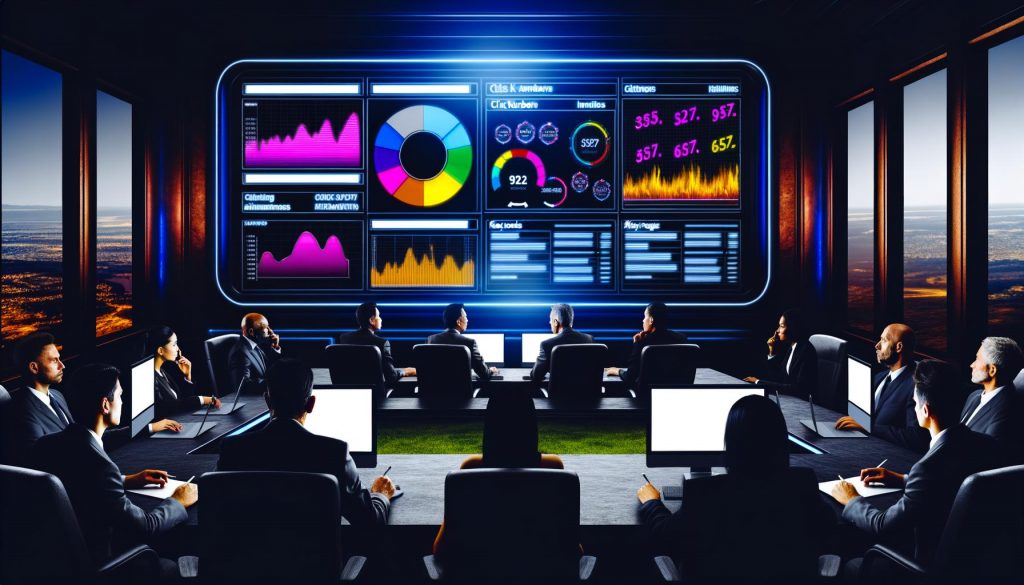 Menschen überwachen technische Metriken auf einem großen Google Search Console Dashboard mit Heatmaps und Warnsymbolen in einem neonbeleuchteten Kontrollraum.