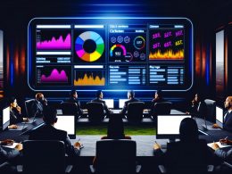 Menschen überwachen technische Metriken auf einem großen Google Search Console Dashboard mit Heatmaps und Warnsymbolen in einem neonbeleuchteten Kontrollraum.