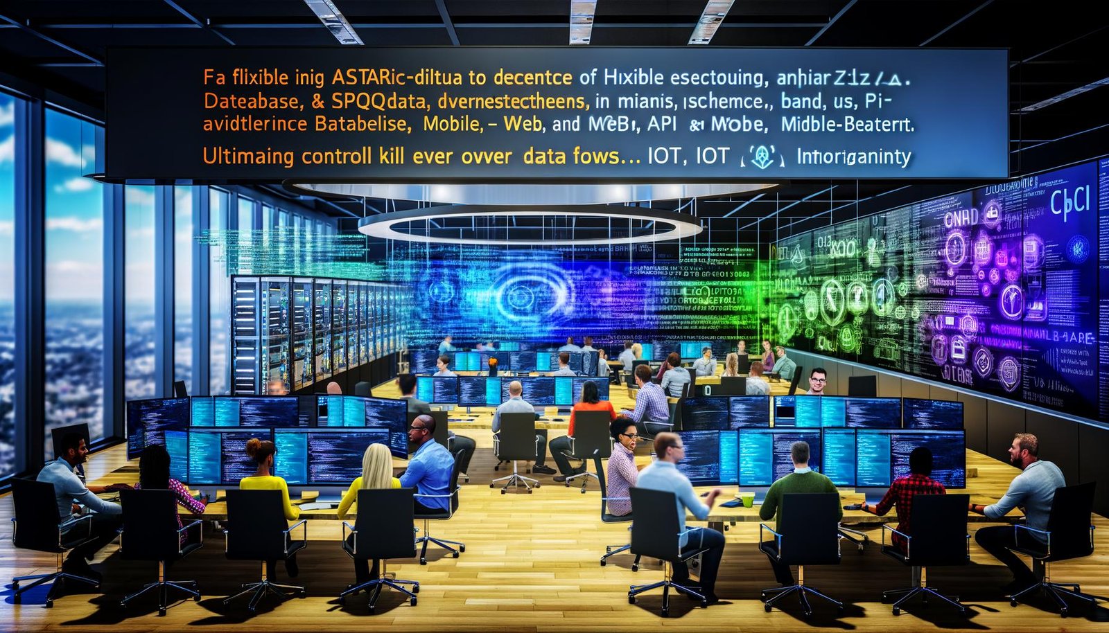 Team von Entwicklern arbeitet an Bildschirmen mit Datenmodellen und APIs in einem modernen, von Directus gebrandeten Office. Dashboard zeigt Echtzeit-Datenfluss zwischen SQL-Datenbank und digitalen Kanälen.