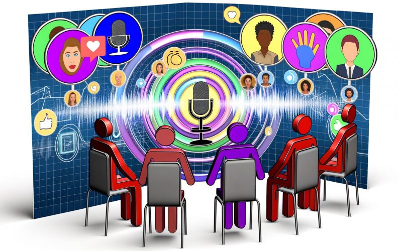 Digitale Illustration eines modernen Audio-Raums mit bunten Avataren, Tonwellen, Social-Audio-Symbolen und Logos der Plattformen Clubhouse, Twitter Spaces, LinkedIn Audio und Spotify Greenroom.