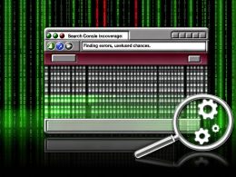 Stylisierte Titelgrafik mit halbtransparentem Browser-Fenster, geöffneter Google Search Console und Indexabdeckungsbericht mit roten Fehlerbalken, hinterlegt mit binärem Code und SEO-Symbolen.