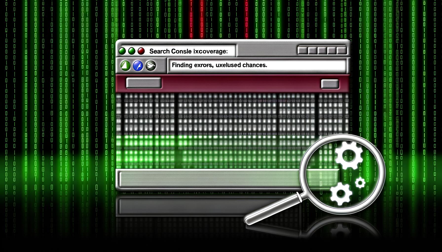 Stylisierte Titelgrafik mit halbtransparentem Browser-Fenster, geöffneter Google Search Console und Indexabdeckungsbericht mit roten Fehlerbalken, hinterlegt mit binärem Code und SEO-Symbolen.