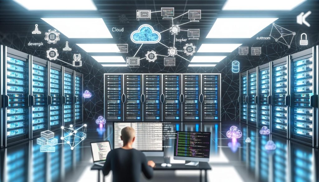 Entwickler in einem hochmodernen Maschinenraum mit Server-Racks, blinkenden LEDs, Docker-Containern, Terminals, Directus-Logos und Cloud-/Automatisierungs-Symbolen in futuristischer Arbeitsumgebung.
