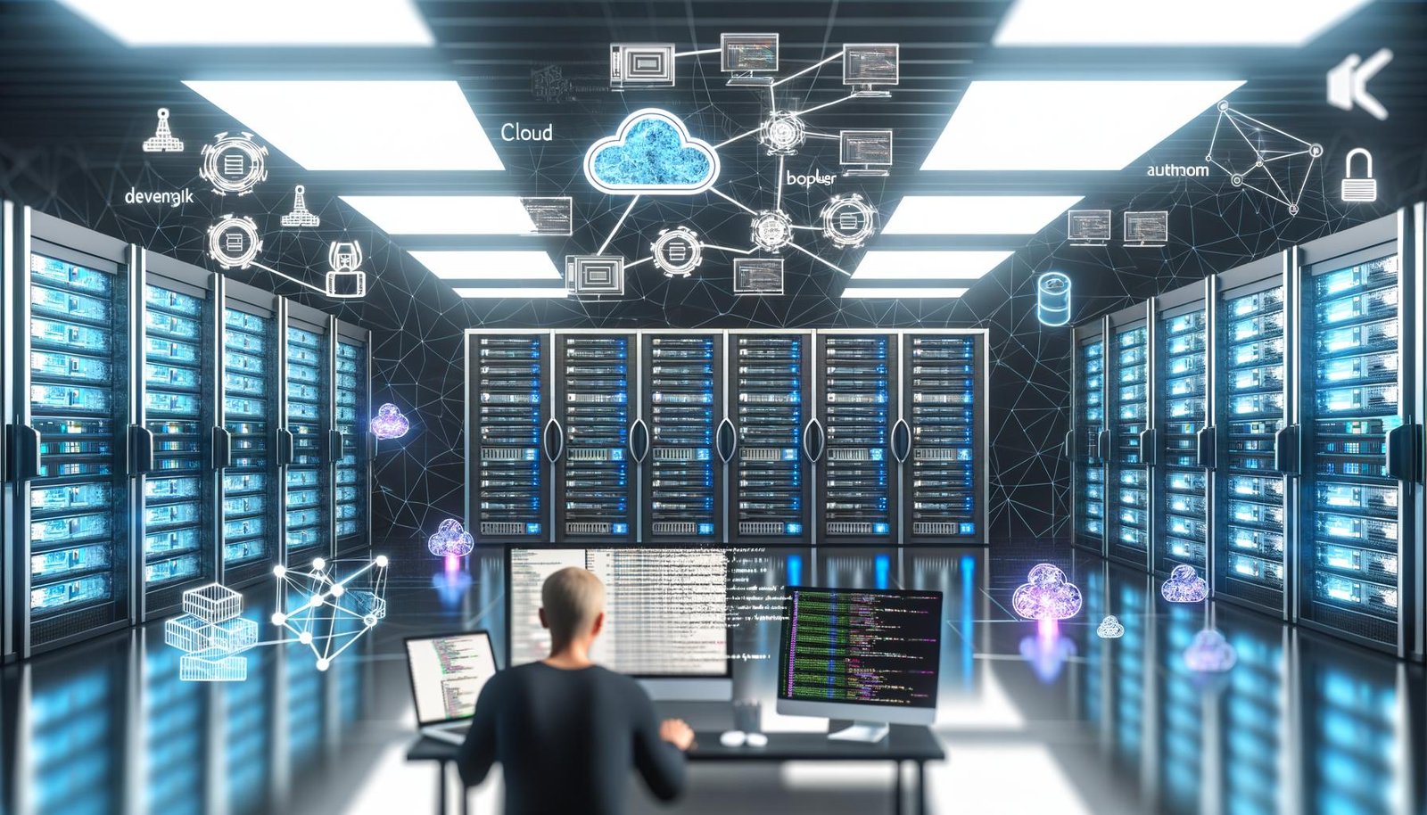 Entwickler in einem hochmodernen Maschinenraum mit Server-Racks, blinkenden LEDs, Docker-Containern, Terminals, Directus-Logos und Cloud-/Automatisierungs-Symbolen in futuristischer Arbeitsumgebung.