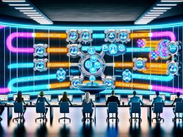 Ein futuristisches Redaktionsbüro mit digitalen Displays, holografischen Workflow-Diagrammen und einer zentralen, beleuchteten Pipeline, die verschiedene Content-Tools nahtlos miteinander verbindet, beobachtet von Redakteuren.