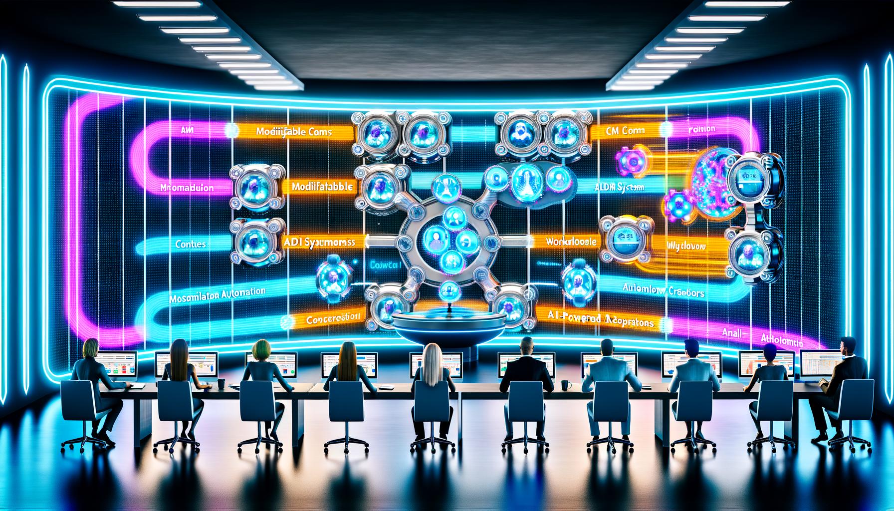 Ein futuristisches Redaktionsbüro mit digitalen Displays, holografischen Workflow-Diagrammen und einer zentralen, beleuchteten Pipeline, die verschiedene Content-Tools nahtlos miteinander verbindet, beobachtet von Redakteuren.