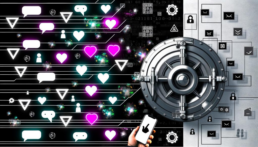 Digitale Grafik eines futuristischen Safes mit leuchtenden Social-Media-Symbolen, umgeben von Datenströmen, Avataren und technischen Tools, modern gestaltet mit auffälliger Typografie.