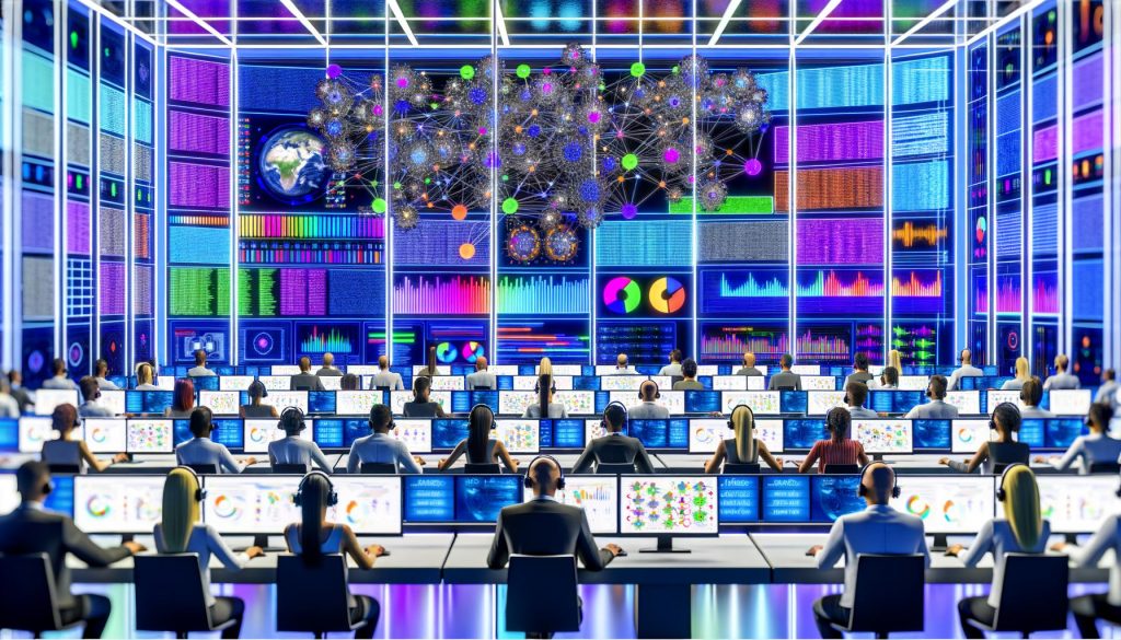 Modernes Marketing-Control-Center mit Data Scientists vor großen Monitoren, die komplexe digitale Marketingdatenströme und ein neuronales Netz analysieren.