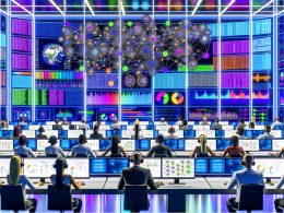 Modernes Marketing-Control-Center mit Data Scientists vor großen Monitoren, die komplexe digitale Marketingdatenströme und ein neuronales Netz analysieren.