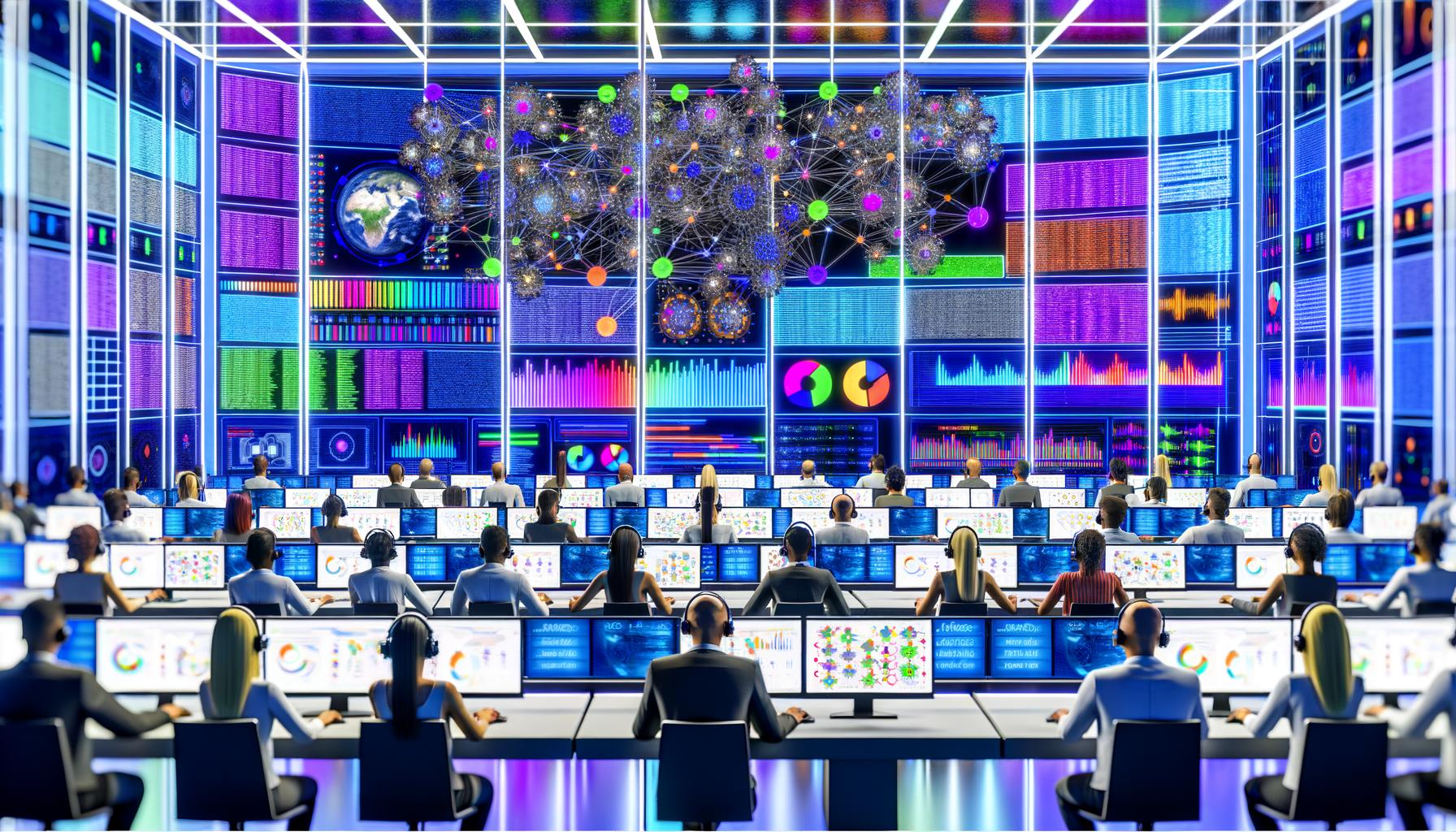 Modernes Marketing-Control-Center mit Data Scientists vor großen Monitoren, die komplexe digitale Marketingdatenströme und ein neuronales Netz analysieren.