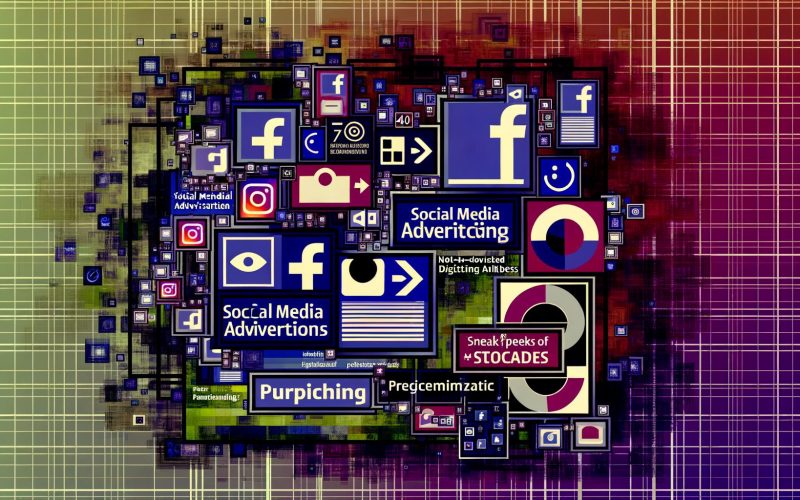 Stilisierte digitale Collage mit Social Media Plattformen, verschiedenen bunten Werbeformaten und abstrakten Daten- und Targetingsymbolen