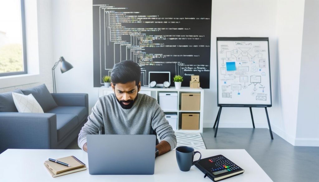 Entwickler arbeitet an einem modernen, aufgeräumten Home-Office-Schreibtisch mit Laptop, Code und Directus-Admin-Panel. Weißes Whiteboard voller Diagramme im Hintergrund, Kaffeetasse und Notizbuch auf dem Tisch.