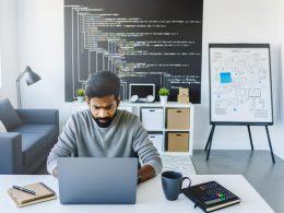 Entwickler arbeitet an einem modernen, aufgeräumten Home-Office-Schreibtisch mit Laptop, Code und Directus-Admin-Panel. Weißes Whiteboard voller Diagramme im Hintergrund, Kaffeetasse und Notizbuch auf dem Tisch.