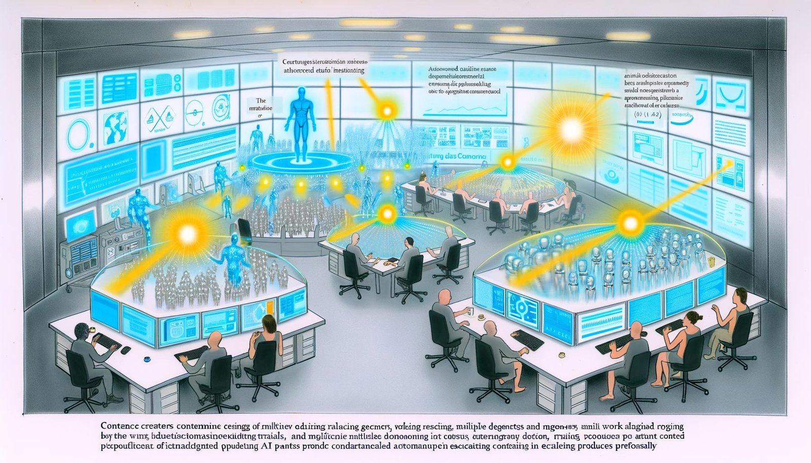 Team vielfältiger Content Creators arbeitet gemeinsam mit futuristischen KI-Assistenten in einem modernen, technologiegeladenen Workspace voller digitaler Anzeigen