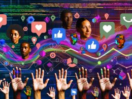 Collage über digitale Engagements mit Icons für Kommentare, Teilen, Speichern und Analysen, Händen, diversen Gesichtern und Elementen wie Dopamin-Molekülen, Code und Benachrichtigungen.