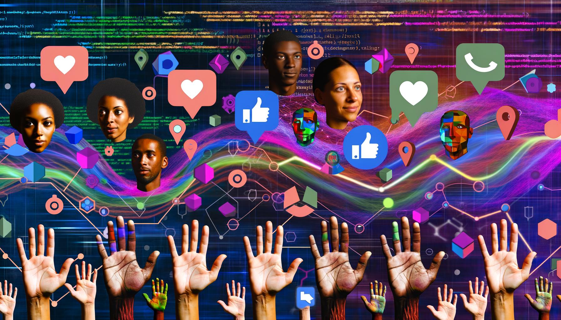 Collage über digitale Engagements mit Icons für Kommentare, Teilen, Speichern und Analysen, Händen, diversen Gesichtern und Elementen wie Dopamin-Molekülen, Code und Benachrichtigungen.