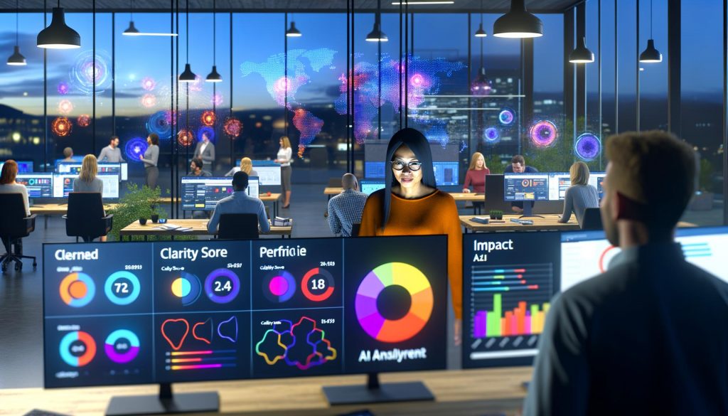 Modernes Büro bei Dämmerung mit Marketing-Teams vor Monitoren voller bunter Dashboards, Datenströmen, Heatmaps und KI-Analysen. Im Vordergrund diskutieren ein UX-Designer und ein Data Scientist Klarheit-, Präzision- und Wirkungsscores.