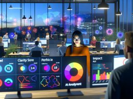 Modernes Büro bei Dämmerung mit Marketing-Teams vor Monitoren voller bunter Dashboards, Datenströmen, Heatmaps und KI-Analysen. Im Vordergrund diskutieren ein UX-Designer und ein Data Scientist Klarheit-, Präzision- und Wirkungsscores.