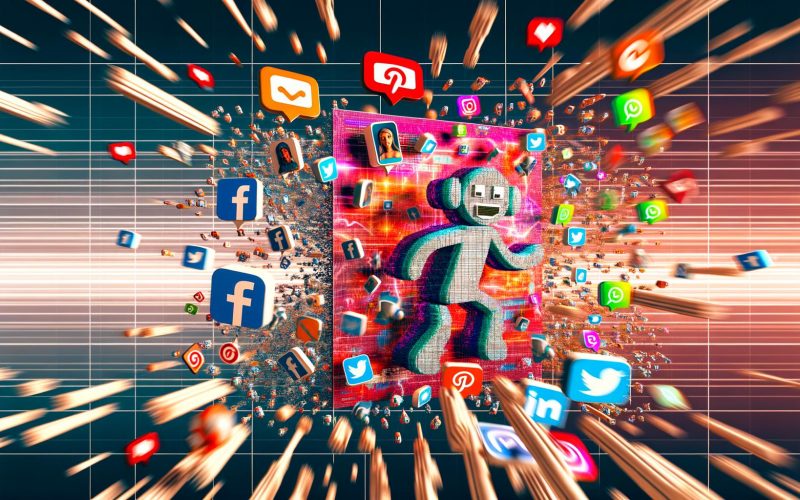 Illustration einer bunten Collage mit Social Media Icons auf mobilen Geräten, kämpfenden Markenfiguren, User-Avataren und einem Netzwerk aus Datenströmen im Hintergrund.