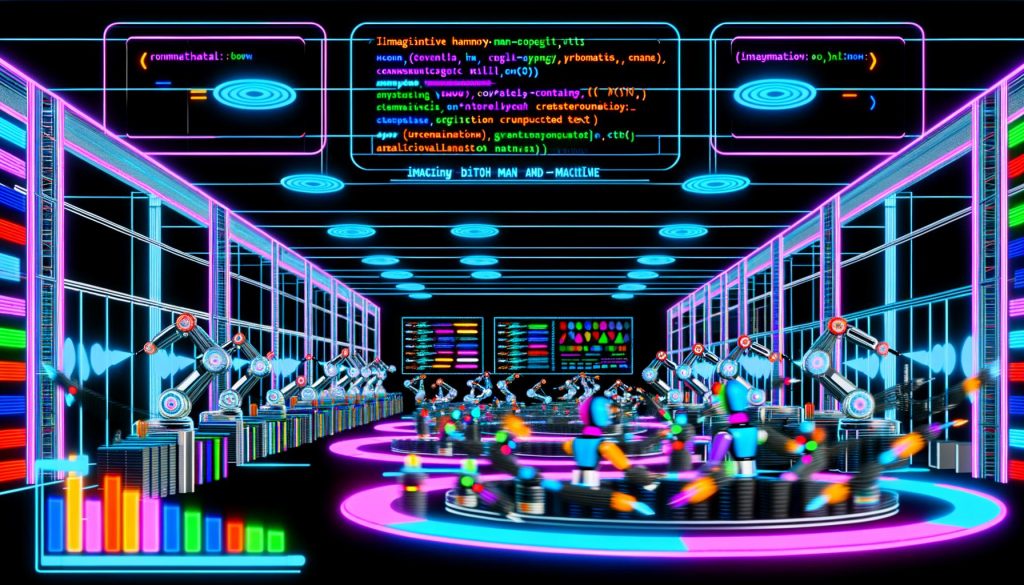 Futuristische redaktionelle Illustration einer Hightech-Content-Fabrik mit Roboterarmen, die Artikel, Code und Grafiken auf einem Förderband produzieren. Ein Mensch optimiert das Ergebnis in einer kreativen, digitalen Arbeitsumgebung.