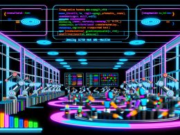 Futuristische redaktionelle Illustration einer Hightech-Content-Fabrik mit Roboterarmen, die Artikel, Code und Grafiken auf einem Förderband produzieren. Ein Mensch optimiert das Ergebnis in einer kreativen, digitalen Arbeitsumgebung.