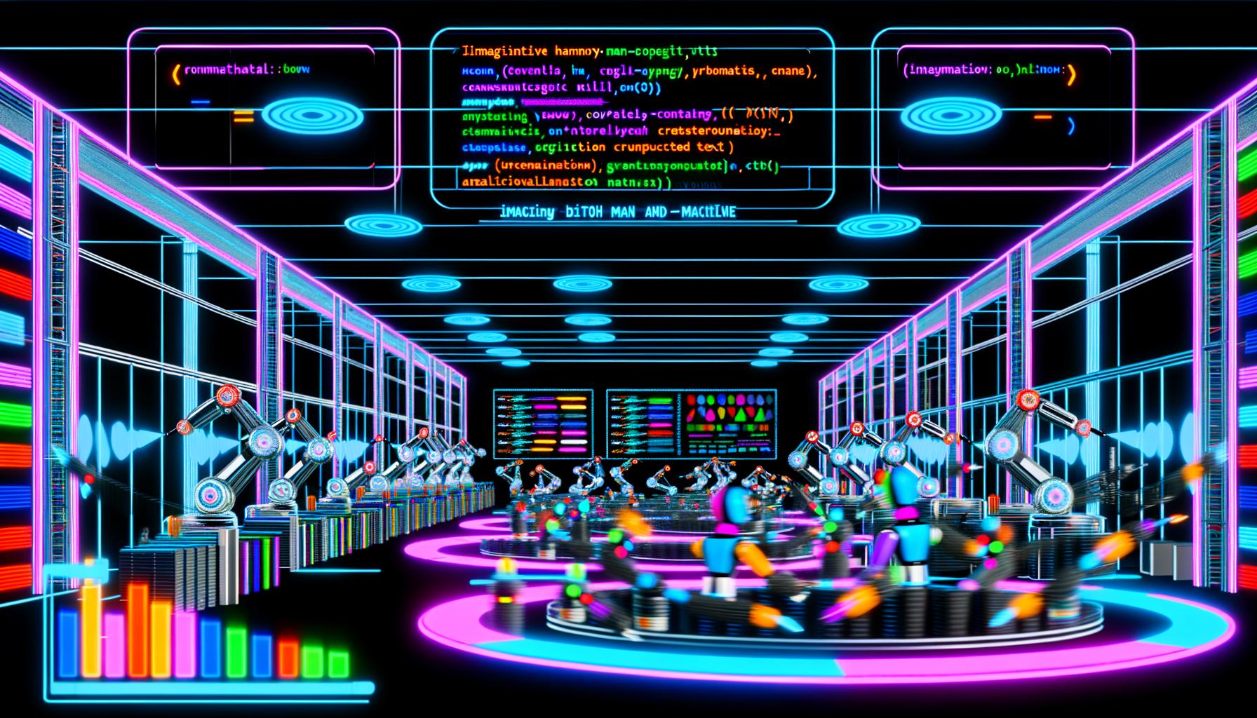 Futuristische redaktionelle Illustration einer Hightech-Content-Fabrik mit Roboterarmen, die Artikel, Code und Grafiken auf einem Förderband produzieren. Ein Mensch optimiert das Ergebnis in einer kreativen, digitalen Arbeitsumgebung.