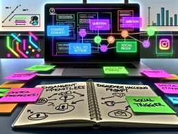 Moderner Arbeitsplatz mit offenem Laptop, Social-Media-Analytics-Dashboard, Notizbuch mit Framework-Skizze, bunten Post-its und Symbolen von LinkedIn, Instagram und Facebook.