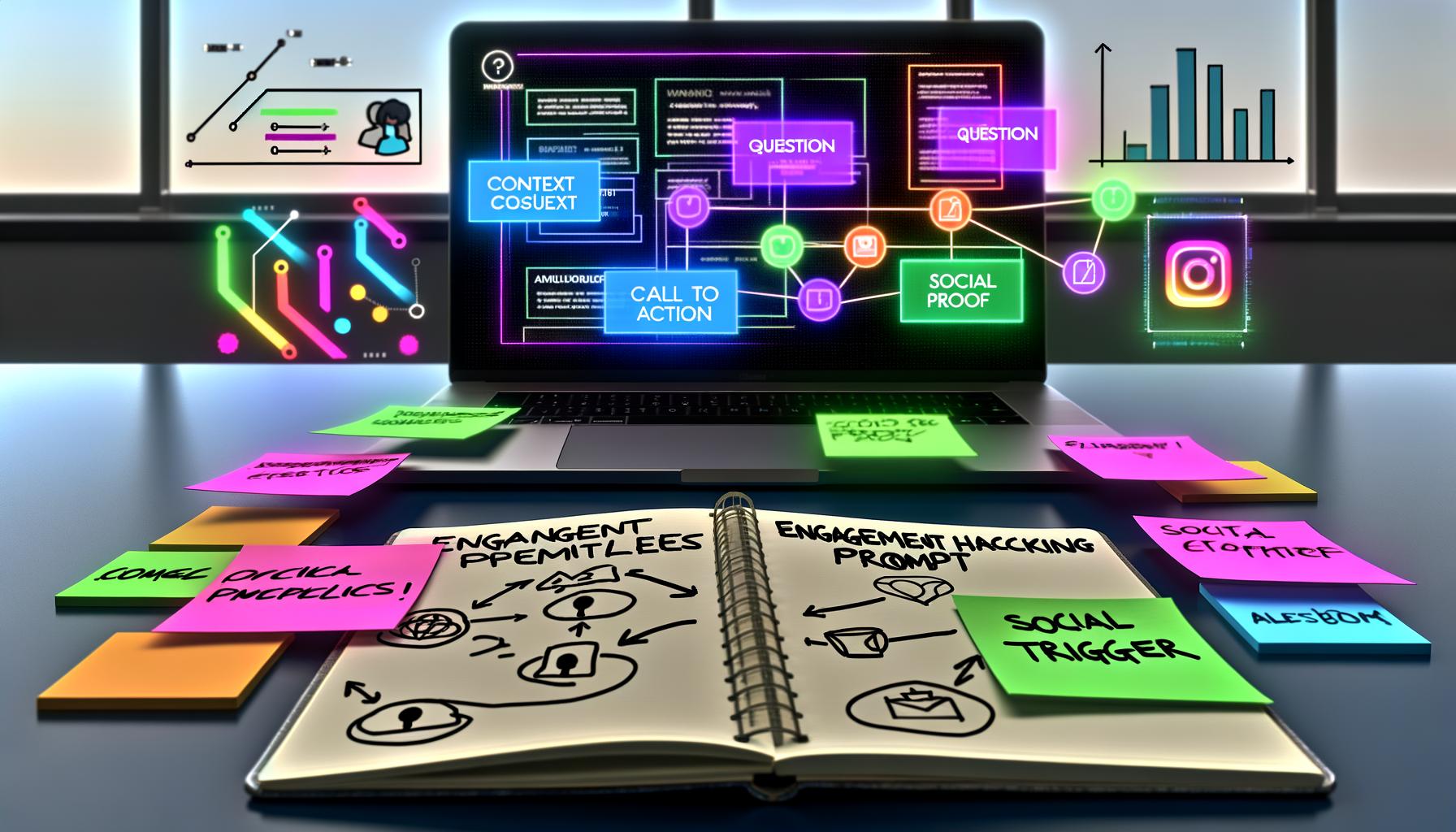 Moderner Arbeitsplatz mit offenem Laptop, Social-Media-Analytics-Dashboard, Notizbuch mit Framework-Skizze, bunten Post-its und Symbolen von LinkedIn, Instagram und Facebook.