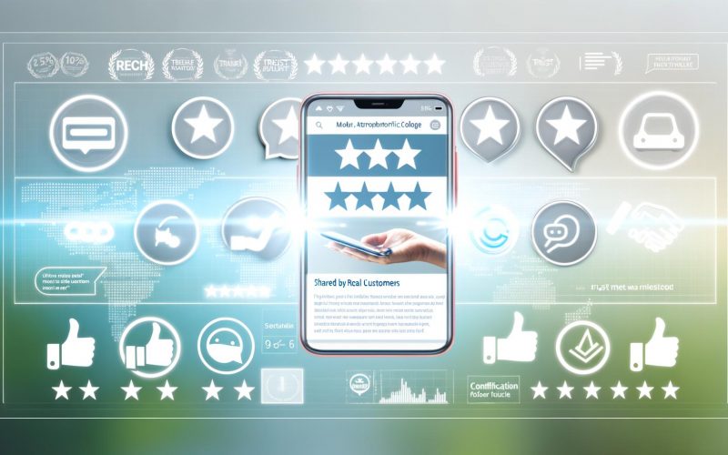 Collage mit Smartphone, auf dem Website mit Kundenbewertungen, Trust-Badges und Social Media Followern angezeigt wird. Umgeben von Daumen-hoch-Icons, Chatblasen, TÜV-Siegel, Zitaten sowie grafischen Heatmaps und Diagrammen im modernen, digitalen Stil.