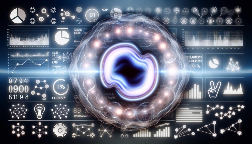 Abstrakte Visualisierung einer digitalen Marketingkampagne mit leuchtendem Resonance Score, umgeben von KI-Elementen und verblassenden klassischen KPIs.