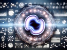 Abstrakte Visualisierung einer digitalen Marketingkampagne mit leuchtendem Resonance Score, umgeben von KI-Elementen und verblassenden klassischen KPIs.
