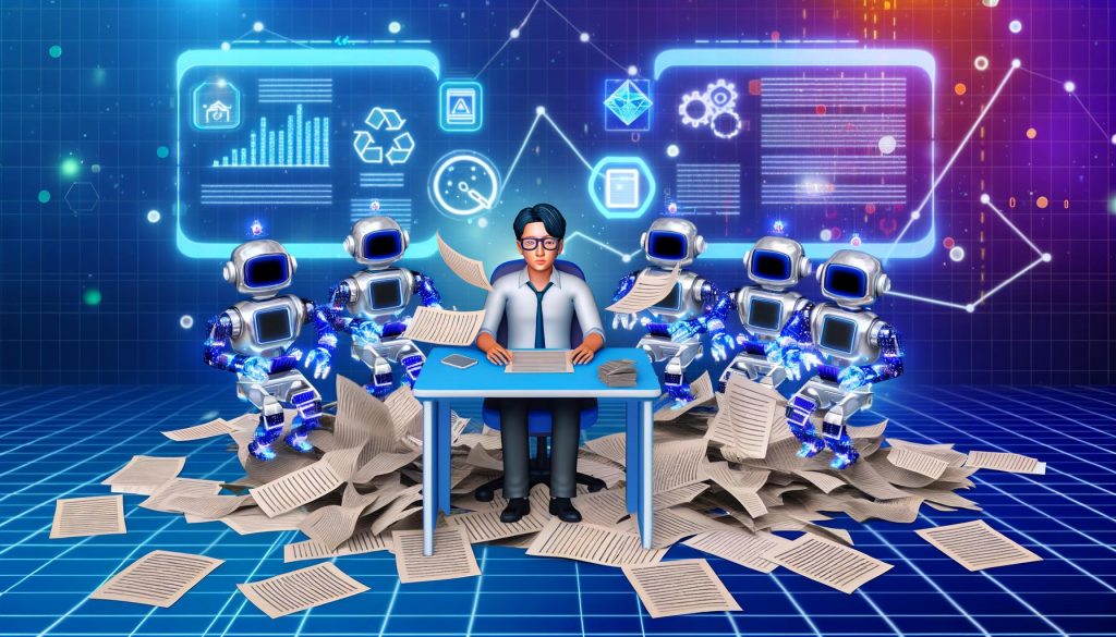 Illustration eines überforderten Schriftstellers am Schreibtisch, umgeben von Robotern und digitalen Anzeigen, die automatisierte Content-Erstellung und Multichannel-Publishing durch Künstliche Intelligenz darstellen.