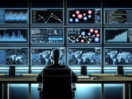 Futuristisches Kontrollzentrum mit Social-Media-Statistiken, Dashboards, Automatisierungsrobotern und einer fokussierten Person in kühlem Licht