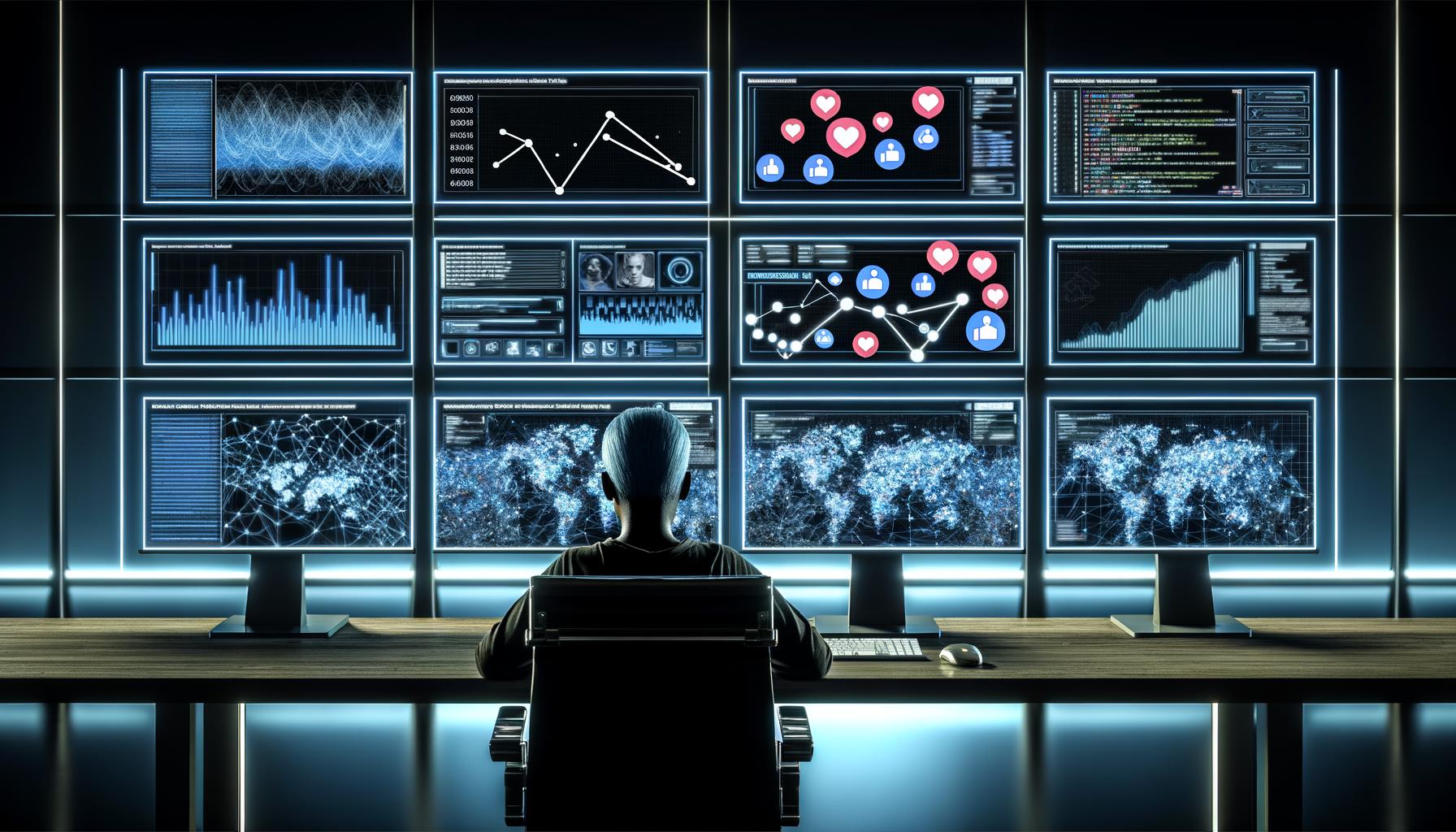 Futuristisches Kontrollzentrum mit Social-Media-Statistiken, Dashboards, Automatisierungsrobotern und einer fokussierten Person in kühlem Licht