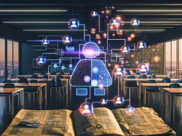 Ein modernes Großraumbüro mit leuchtenden Datenströmen, KI-Hologrammen und Marketing-Experten vor Bildschirmen. Veraltete Zielgruppenschemata verblassen, während futuristische Dashboards komplexe Nutzeranalysen zeigen.