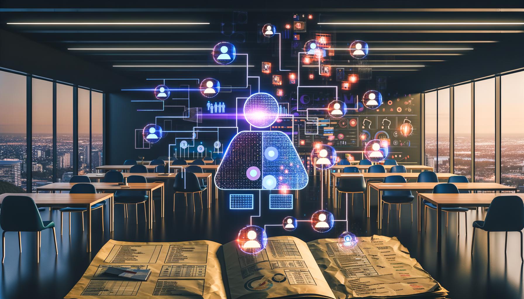 Ein modernes Großraumbüro mit leuchtenden Datenströmen, KI-Hologrammen und Marketing-Experten vor Bildschirmen. Veraltete Zielgruppenschemata verblassen, während futuristische Dashboards komplexe Nutzeranalysen zeigen.