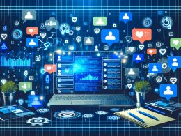 Illustration eines stylischen, digitalen Arbeitsplatzes mit Laptop, Social-Media-Statistiken, Notizzetteln und Avataren, die über Chat kommunizieren, im blau-neon Farbschema.